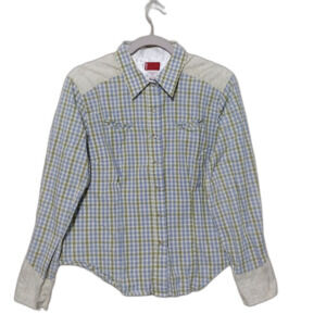 Levis shirt Women XL blue green gringham floral pearl button long sleeve Western